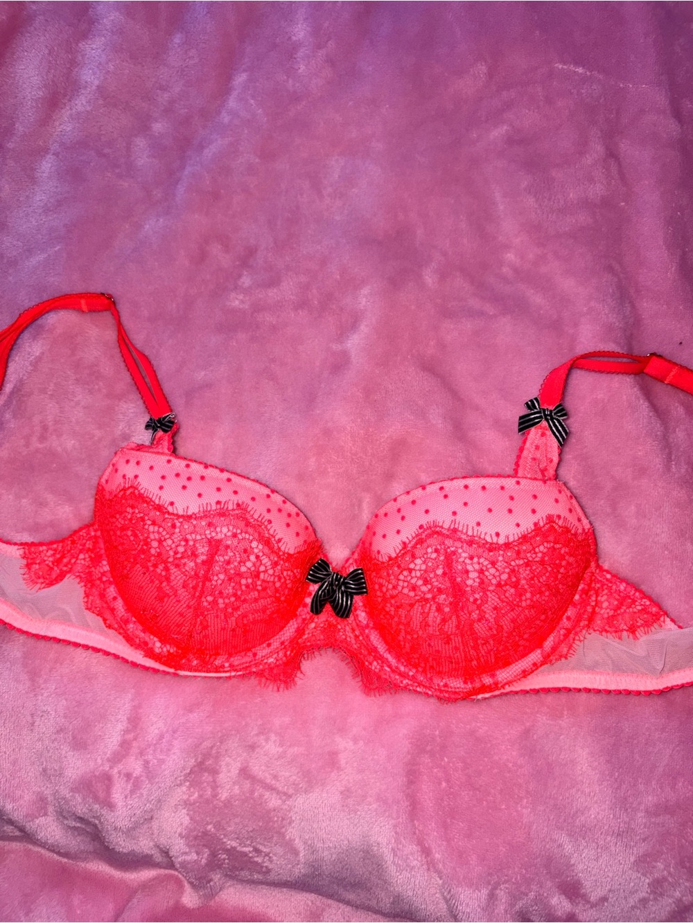 Victoria's Secret Bright Pink Lace Push-Up Bra with Black Bows